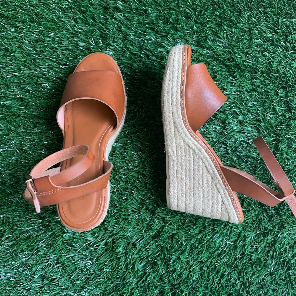 Leather Espadrille Wedge Sandals in Cognac